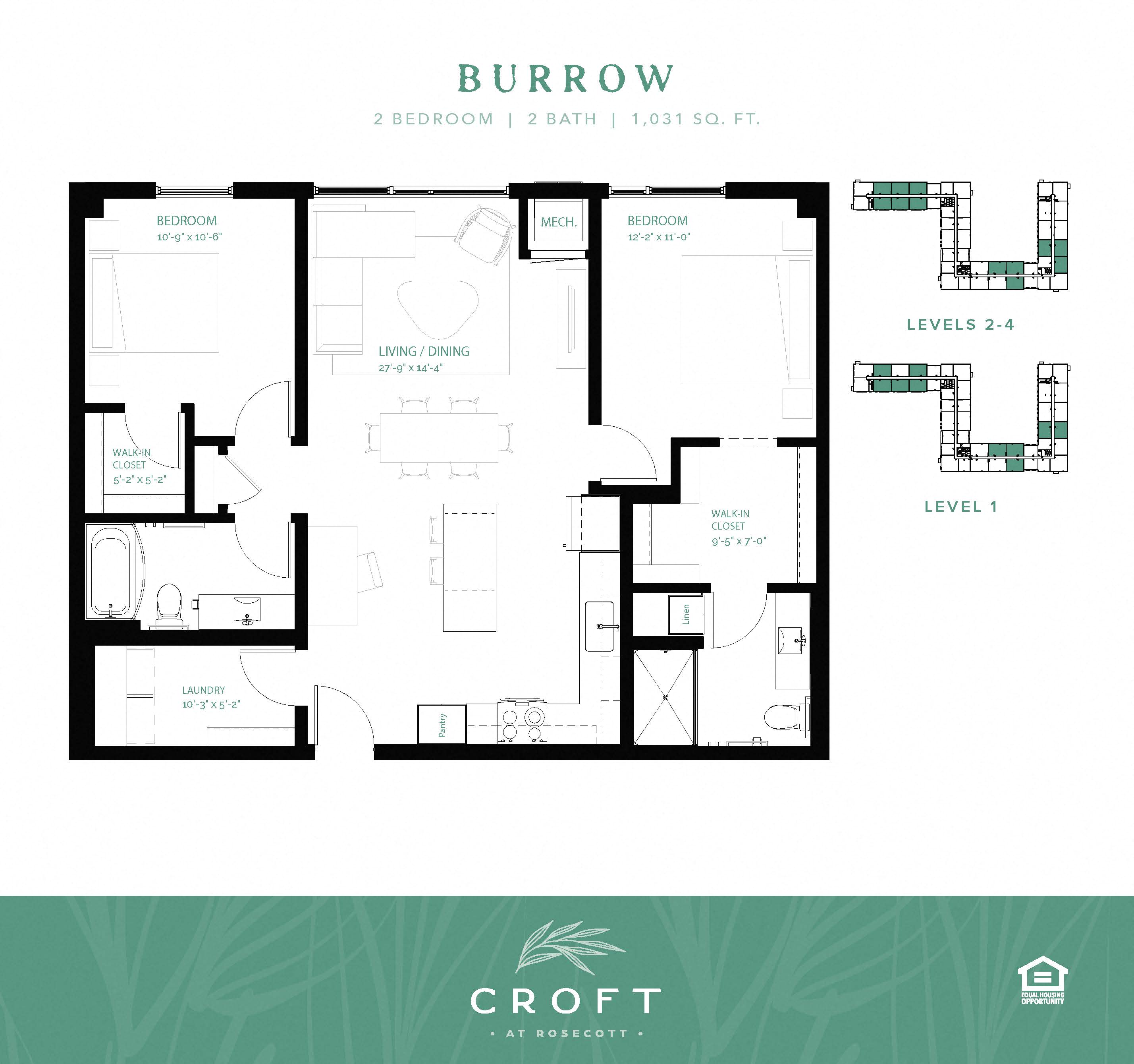 Floor plan for 2 beds, 2 baths, 1031 sqft